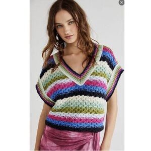 Free People Cool Striped Knit Summer Daze Short Sleeve Sweater Vest, Size Small